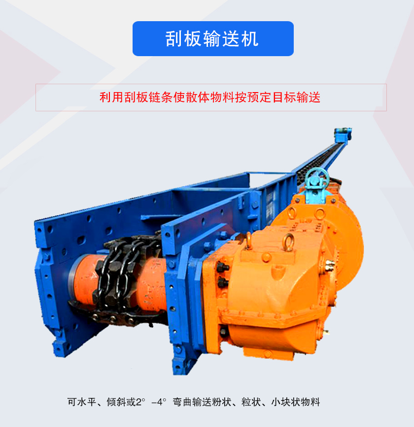 刮板輸送機采用刮板鏈牽引，可水平或傾斜輸送散狀物料，輸送距離長、密封性好無粉塵污染，功率消耗小